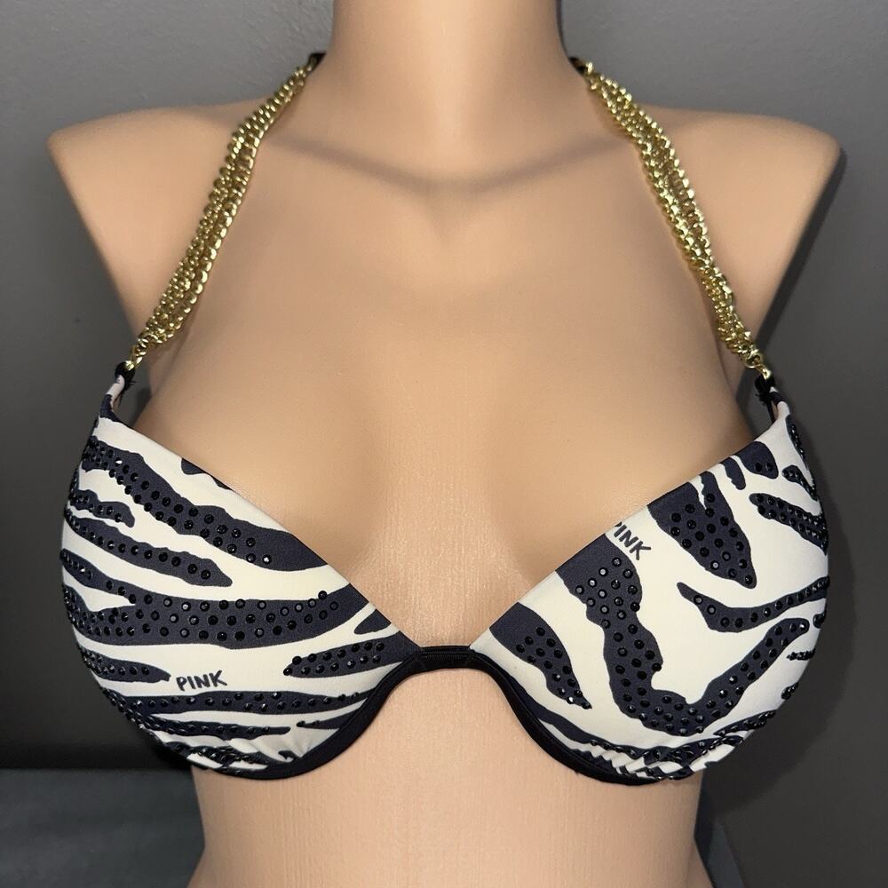 2012 Victoria's Secret PINK Swim Bikini Top Small Zebra Gold Chain Push Up U/W